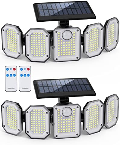 Solar Outdoor Lights, 300LED 2700LM 5 Heads Solar Powered Motion Sensor LED Security Light with Remote Control, IP65 Waterproof LED Floodlight, 360°Beam Angle Wall Lights for Garden Driveway 2 Pack