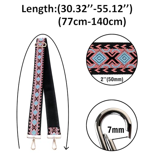 Image of Black Pink Blue Boho Diamond Purse Strap with Light Gold Hardware 2 Inch Wide Replacement Crossbody Guitar Style Shoulder Strap for Handbags Totes