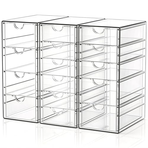 GoMaihe Organisateur de Maquillage avec 15 Tiroirs, Lot de 3 Organisateurs de Bureau, Accessoires de Bureau Transparents, Rangement pour Tiroir Antipoussière...