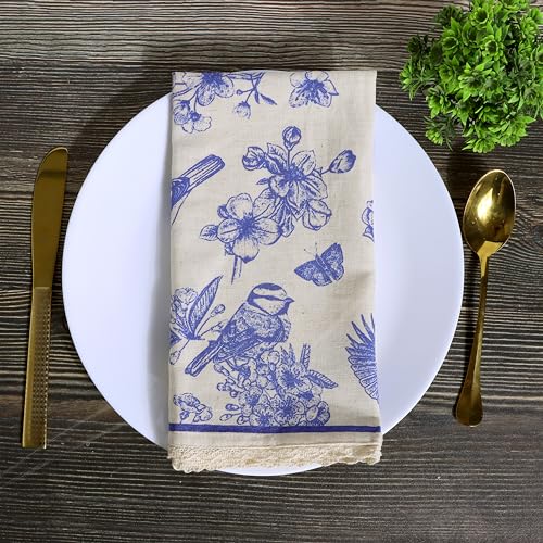 Fingercraft 12 Dinner Cloth Napkins Cotton Blend Blue Bird Print Premium Quality Mitered Corners With Elegant Natural Lace For Every Day Use Napkins Are Pre Shrunk And Good Absorbency Toile Lace thumb #2