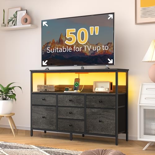 Yoobure LED TV Stand - 50 Inch Kids Dresser with Power Outlets, 7 Drawers Entertainment Center with Storage Shelf, TV Stands Dresser for Living Room, TV Console Entertainment Stand
