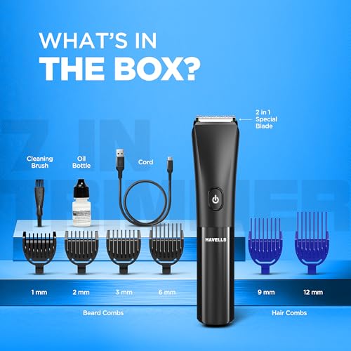 Image of Havells Beard & Hair Trimmer |2-in-1 Special Blade| Comes with 4 Beard & 2 Hair Combs|Type C Turbo Charge|No Nicks & Cuts|2 Year Guarantee|BT4001