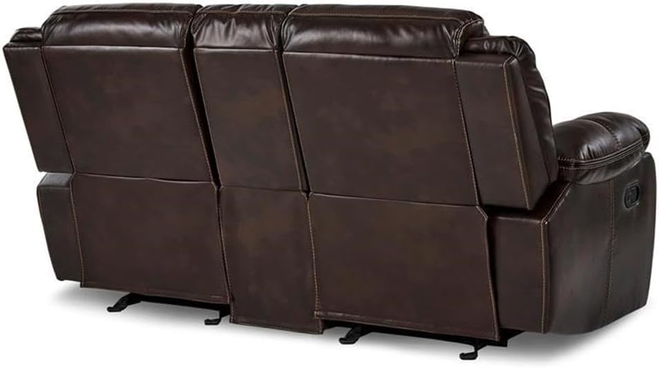 Pemberly Row Double Glider Reclining Loveseat with Console, Faux Leather Upholstery, Brown Finish, Tab Pull Recliner, Center Console with Cup Holders, 78.5" W, Gentle Gliding Motion for Living Room