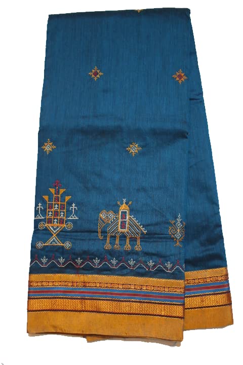 Image of Women Ilkal Cotton Blended Silk Kasuti Embroidery Saree with Traditional Stripe Pallu Unstitched Blouse Pattu