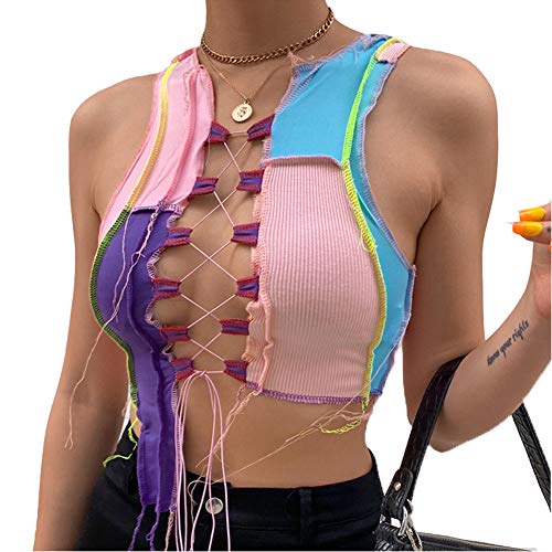 Susupeng women hollow out sleeveless patchwork crop tops cross la…