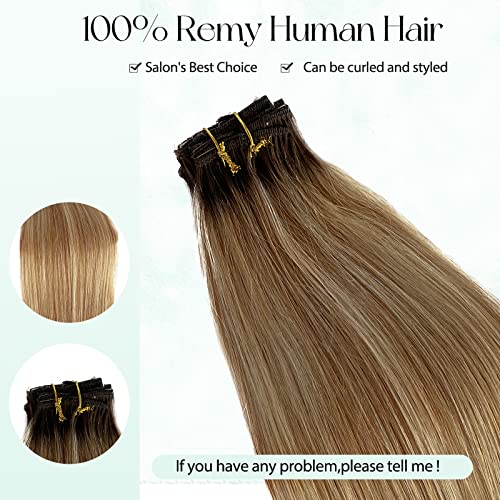 Image of Clip in Hair Extensions Real Human Hair, Medium Brown Roots Human Hair Clip in Extensions 7 Pcs 70g Golden Brown Mixed 613 Blonde Highlights Human Hair Extensions Clip ins 12 Inch, #4T12P613