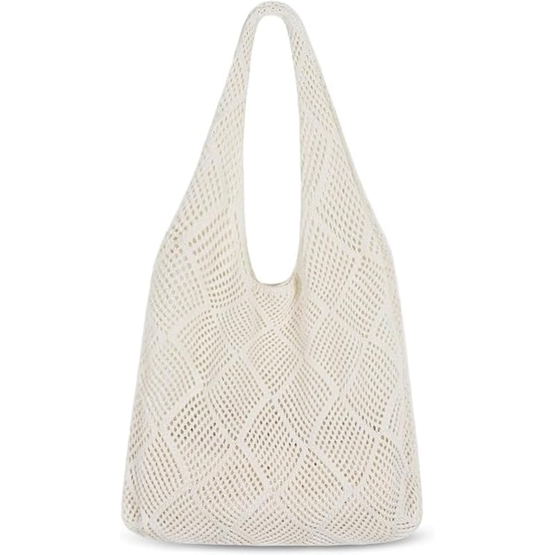 Bolsa feminina Boho de crochê, bolsa de malha dobrável, adequada para férias de verão, compras, Branco, Lazer