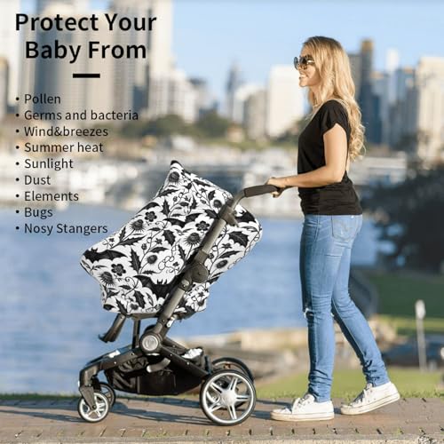 Image of Goth Halloween Bat Gothic Baby Stuff Car Seat Cover for Baby,Mom Nursing Breastfeeding Covers,Multi-Use Car Seat Canopy Carrier Cover,Stroller Cover Newborn Shower Gift for Boys Girls