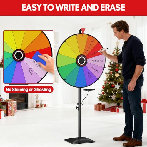 24 Inch Prize Wheel, Heavy Duty Spinning Wheel for Prizes, Adjustable 47\"-61\" Spin Wheel with Dry Erase Marker & Eraser, 12 Slots Colors Wheel Spinner with Stand for Party, Carnivals and Tradeshow