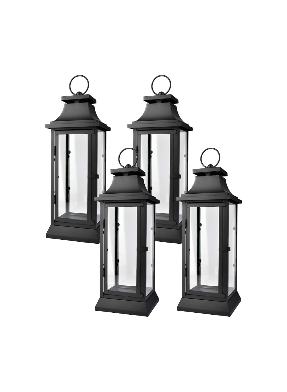 Serene Spaces LivingSet of 4 Black Hurricane Lanterns with Clear Glass Panels - Ideal for Home Decor, Parties & Events - Table Top or Hanging Lantern for Indoor & Outdoor Use - Measures 15" Tall