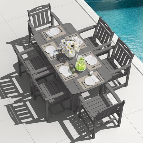 SUUNYN HDPE Outdoor Patio Dining Set with Table & 6 Chairs, All-Weather 7-Piece Outdoor Table and Chairs, 2' Umbrella Hole, Patio Furniture for Garden, Backyard, Deck | Grey