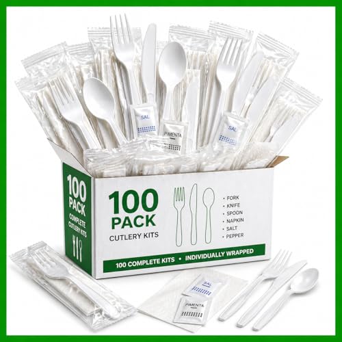 Pack Individually Wrapped Plastic Cutlery Set with Napkin Salt and Pepper Packets Medium Weight Disposable Silverware Kits for To Go Meals Parties and Catering White Plastic Silverware Wrapped (100)