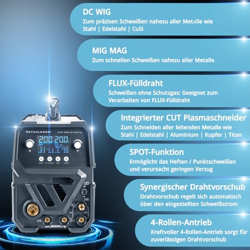 Image of STAHLWERK CTM-250 ST Digital 5-in-1 Gas Protected Combi Welder | Inverter with 200 A, Synergic Wire Feeder and Integrated 50 A Plasma Cutter CUT | TIG | MIG MAG | MMA | FLUX