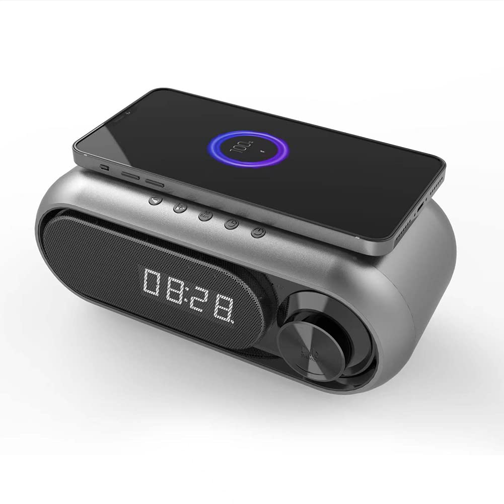 DuukoaAlarm Clock Digital Clock Wireless Charging,Bluetooth Speaker, Radio,Hands-Free, Dark Gray