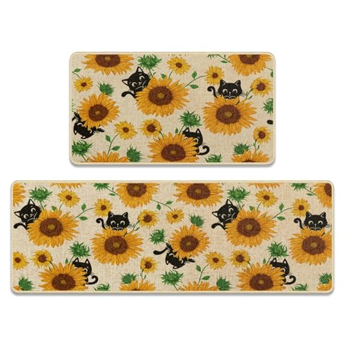 Tayney Summer Sunflower Cat Kitchen Rugs and Mats Non Skid Washable Set of 2, Yellow Mats for Floor, Farmhouse Runner Rug Rustic Kitchen Decor