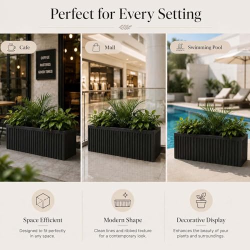 Image of Go Hooked Rectangular Planter Pot (20x9) Inch | Grey Ribbed Design Plastic Flower Pot for Indoor Outdoor Balcony Garden Window Railing Patio | Polymer Decorative Plant Container