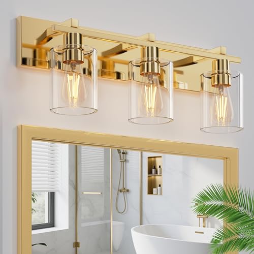 Image of Bathroom Vanity Light, 3 Light Gold Light Fixture with Thickened Clear Glass Shade, 21 inch Modern Wall Sconce,Vanity Light Over Mirror for Bathroom