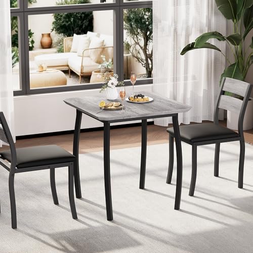 GarveeHome Dining Table Set for 2, Farmhouse 3 Piece Kitchen Table and Chair Set with Upholstered Chair, Metal Frame Dining Room Table and Chairs for Small Space, Apartment, Black+Grey