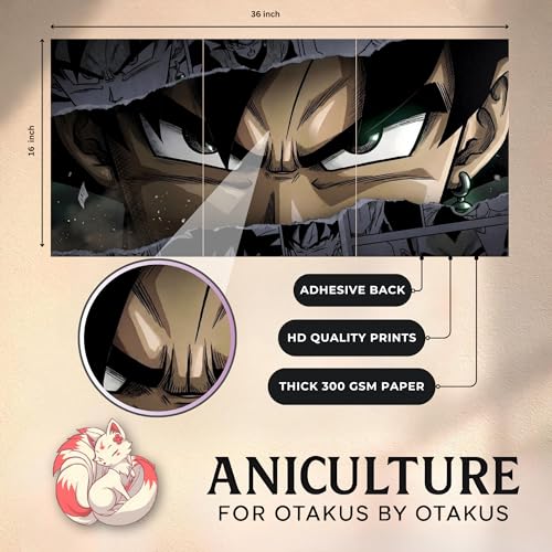 Image of Aniculture Dragon Ball Black Goku Split Poster Set of 3, A3 Size Each - Panoramic Anime Wall Art Collage - 300 GSM Ultra HD Print Quality - Self-Adhesive - 36 x16 Inches Large Decor