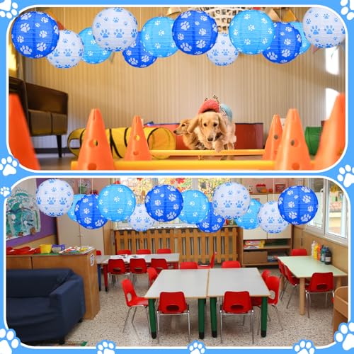 Image of Panelee 12 Pcs Dog Paw Print Paper Lanterns Puppy Themed Party Decorations Blue and White Pet Paw Print Round Hanging Lanterns 8 Inch for Dog Birthday Party Decorations Supplies Indoor Outdoor