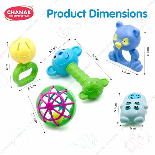 Image of Chanak Baby Kinder Rattle Set for 0-6 Months Old Baby, Non-Toxic, 100% BPA Free, Infant Grab, Spin & Shake Rattles, Colorful Rattles with 5 Pcs, Early Educational Sensory Toy, BIS Approved