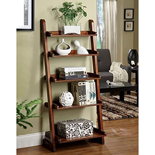 Image of Wefour Sheesham Wood 5 Tier Wall Mounted Bookcase Ladder Shelf for Home Living Room Bedroom Brown Finish