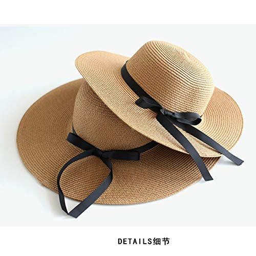 Julerwoo 2Pcs Parent-Child Straw Hat Girls Women's Bowknot Beach Sun Hat (Ribbon Brown) #TOP2