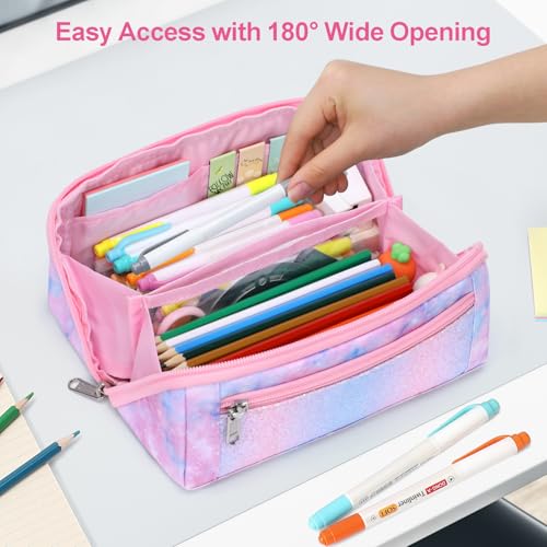 Image of Pencil Case for Girls, Durable Kids Pencil Pouch for School, Wide Opening Soft Bag with Handle, Fits 50 Pens & Markers (Pink Tie Die)
