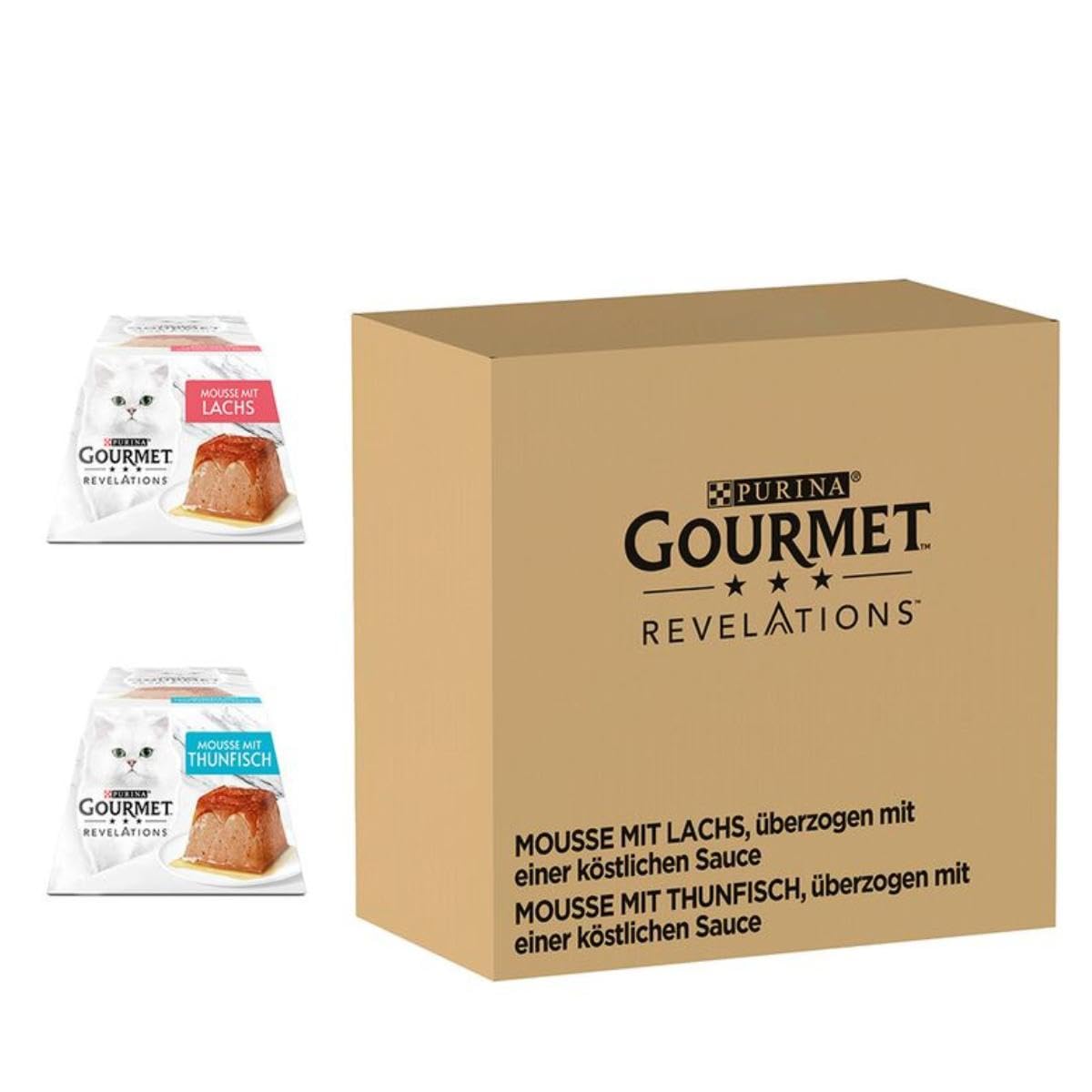 Gourmet Revelations Mousse, Katzenfutter nass in Sauce, Lachs & Thunfisch, 48er Pack (48 x 57g)