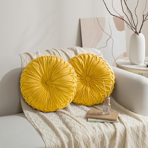 Image of HIG Set of 2 Yellow Ruched Velvet Round Throw Pillows - 14.5'' Decorative Pillows with Soft Polyester Filling for Couch, Bed, Living Room, Bedroom, or Dorm - Handmade, Stress Relieving, All-Season