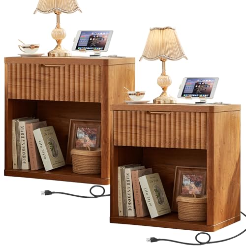 LEYAOYAO Fluted Farmhouse Nightstand Set of 2 with Charging Station, 23" Wide 1 Drawers Night Stand,Brown Dresser for Bedroom,Bed Side Table Chest of Drawers,Wood End Table for Living Room