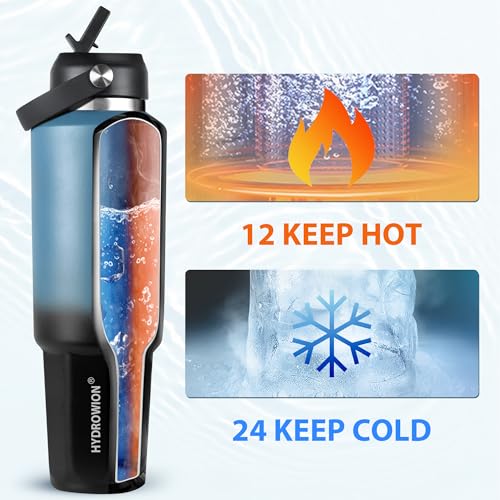 Image of HYDROWION 40 oz Insulated Water Bottle, Car Water Bottle Holder - Double Wall Vacuum Insulated Travel Bottle with Straw Lid, Spout Lid and Flex Cap - Cold for 24H, Hot for 12H, Blue - Black