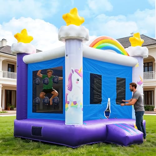 Inflatable Commercial Grade Bounce House: 13FT(L) Large Bouncy Castle for Adults and Teenagers- 750W Blower, Basketball Hoop, Premium PVC, Rainbow Style - for Backyard Outdoor Indoor