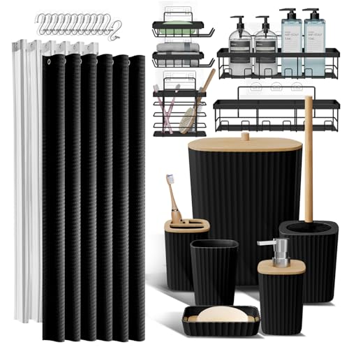 Shower Caddy and Bathroom Accessories Set 25PC Bathroom Accessory Set with Shower Shelf Caddy for Bathroom Storage, Black Shower Curtain Set, Toilet Brush, Trash Can, Soap Dispenser, Toothbrush holder