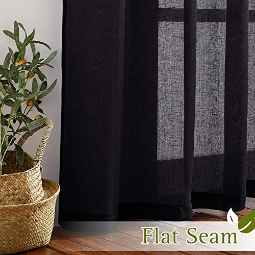 NICETOWN Natural Flax Sheer Linen Curtains Grommet Top, Semitransparent Vertical Blinds Solid Cool Window Treatment Privacy with Light Filter for Boys Bedroom, Black, W52 x L45, Set of 2