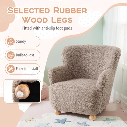 Image of KOTEK Comfy Toddler Chair, Sherpa Kids Armchair with Rubber Wood Legs, Children Reading Chair for Boys & Girls, Upholstered Kids Sofa for Playroom Bedroom Nursery (Brown)
