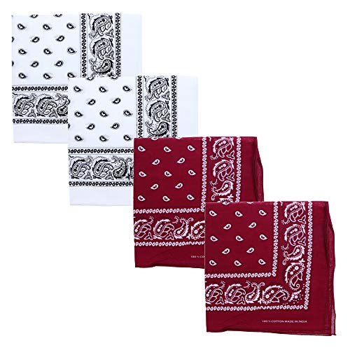 Motique Accessories Extra Large Paisley Bandana 27x27 Inch - Set of 4 (2 Burgundy 2 White)