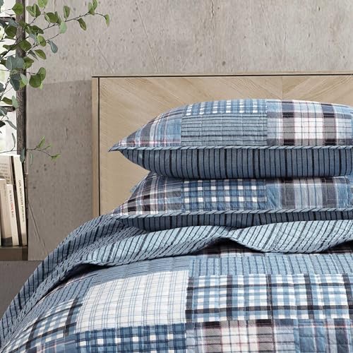 Image of Eddie Bauer - King Quilt Set, Reversible Cotton Bedding with Matching Shams, Patchwork Plaid Bedding Set (Hawthorne Blue, King)