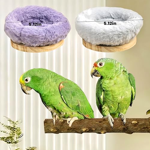 Image of 2Pcs Bird Perch Stand Platform Plush Parrot Hanging Hammock Warm Bird Nest Snuggle Hut Birds Sleeping Bed Wood Perch for Parrot, Budgies, Parakeet, Cockatiels, Conure, Lovebirds-Purple&Grey