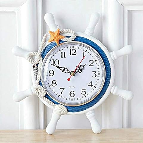 Reloj de pared náutico estilo mediterráneo con timón de madera Cover