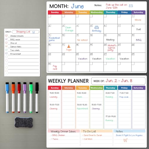 3 Pack Dry Erase Magnetic Calendar for Refrigerator - Monthly, We...