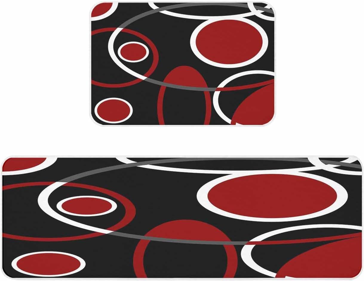 Abstract Geometric Lines Kitchen Rugs Set of 2 Circular Texture Red Black Retro Comfort Standing Mats Washable Cushioned Non Slip Kitchen Runner Rugs Set for Home Floor Sink Laundry Office