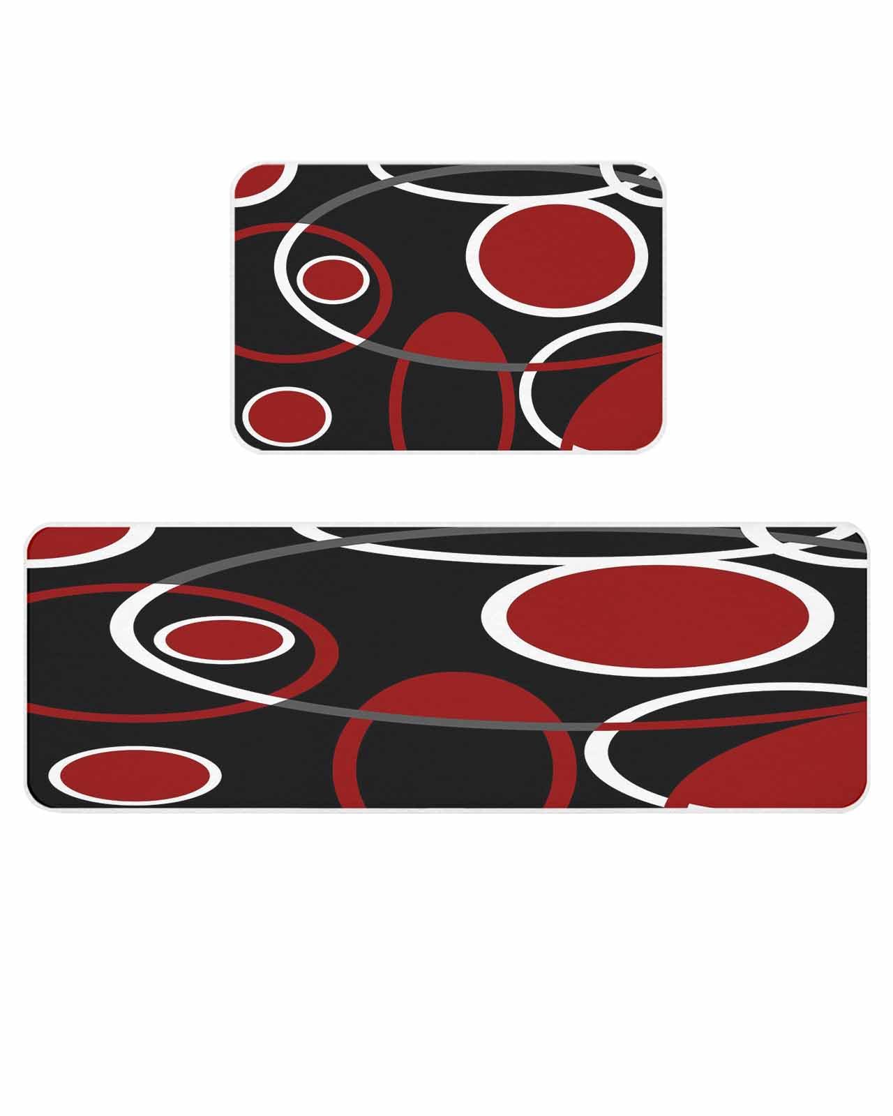 Abstract Geometric Lines Kitchen Rugs Set of 2 Circular Texture Red Black Retro Comfort Standing Mats Washable Cushioned Non Slip Kitchen Runner Rugs Set for Home Floor Sink Laundry Office