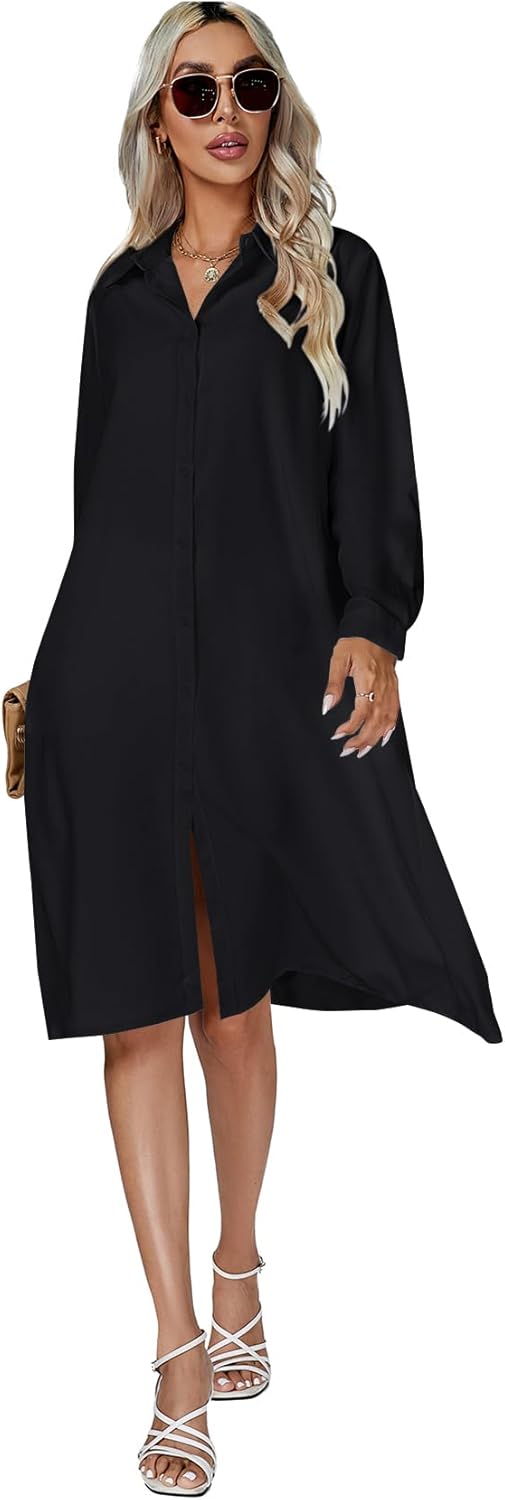 Women's Casual Collar V Neck Button Down Long Sleeve Loose Midi Shirt Dress with Pocket - Image 6