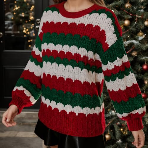 Image of Women Vintage Striped Pullover Sweater Y2k Long Sleeve Crew Neck Loose Knit Sweaters Fall Winter Knitwear