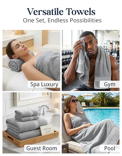 Image of LANE LINEN Grey Bath Towels for Bathroom Set - 100% Cotton 6 Pc Towels Set, Absorbent Bathroom Towel Set, 2 Bath Towels, 2 Hand Towels, 2 Wash Cloths for Your Body and face - Grey Bath Towels Set