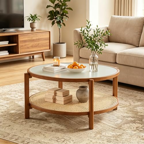 Giantex Rattan Coffee Table 35 Farmhouse Glass Center Table with Storage Frosted Tempered Glass Top & Solid Wood Leg Small Accent Tea Table Round Coffee Table for Living Room Small Space Walnut