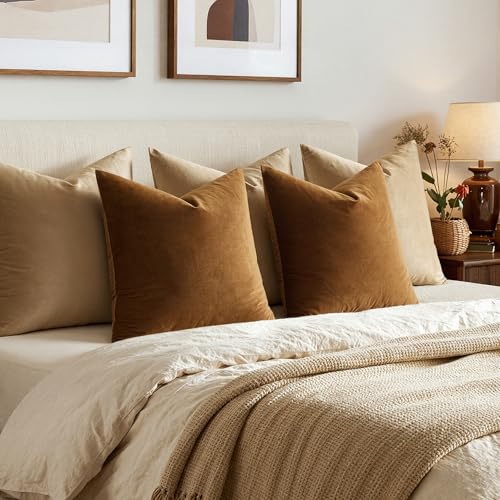 Image of MIULEE Velvet Throw Pillow Covers 24x24 Inch, Pack of 2 - Golden Brown, Super Soft Euro Decorative Square Pillows Modern Luxury Home Decor for Bed, Sofa, Couch, Living Room