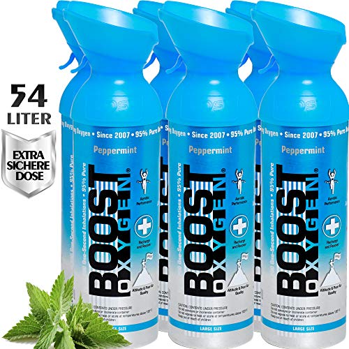 Reiner Sauerstoff in der Dose – 54 Liter PFEFFERMINZE, 95% reiner Sauerstoff in zwei transportablen 9 Liter Sauerstoffdosen für mehr als 900 Inhalationen.