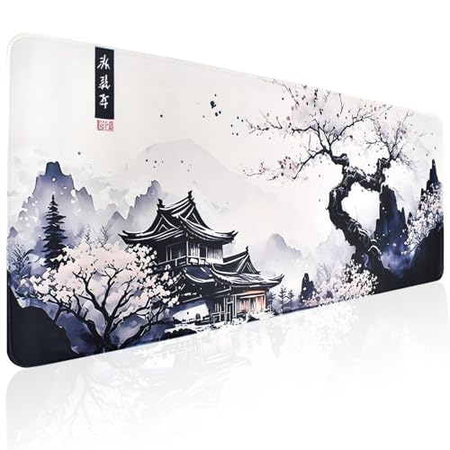Witte Japanse muismat, 300 x 800 x 3 mm, grote bureauonderlegger met kersenbloesem, anime-spellen, antislip rubberen basis, uitgebreide bureaubescherming